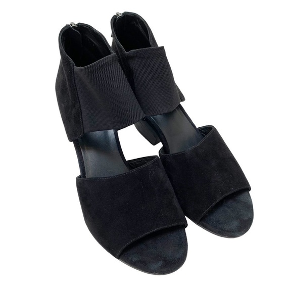 Eileen Fisher Black Suede Sandal Heels Zip Back Mesh Strap Size 9 - Picture 3 of 15